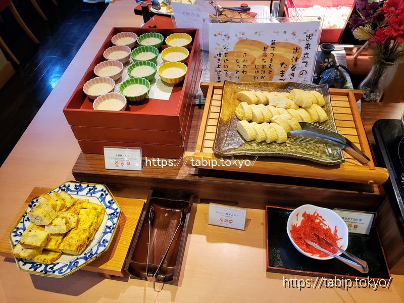 ホテルエルシエント京都のだし巻き卵、生湯葉とろろとスペイン風オムレツ